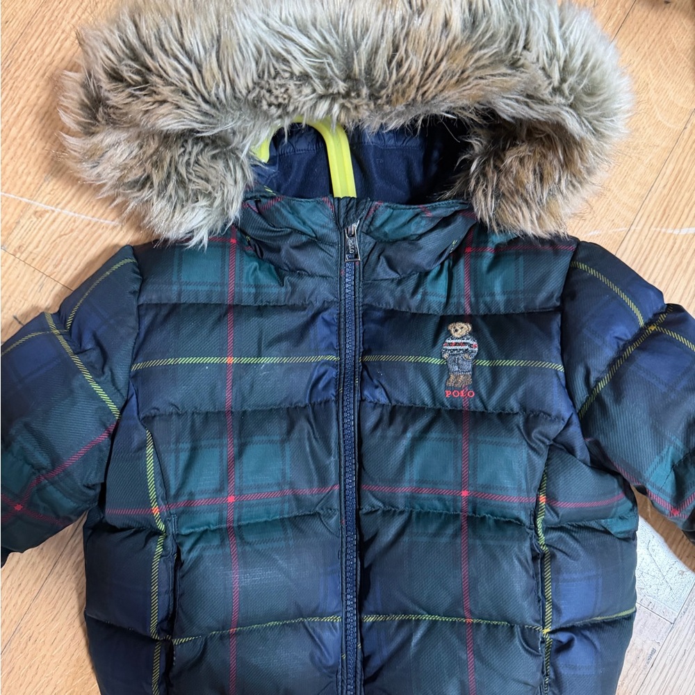 Polo by Ralph Lauren Kids Plaid Jacket with Fur Hood - Blue and Green